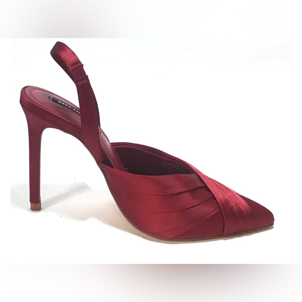 Zara Red Satin Slingback Pointed Toe Heels